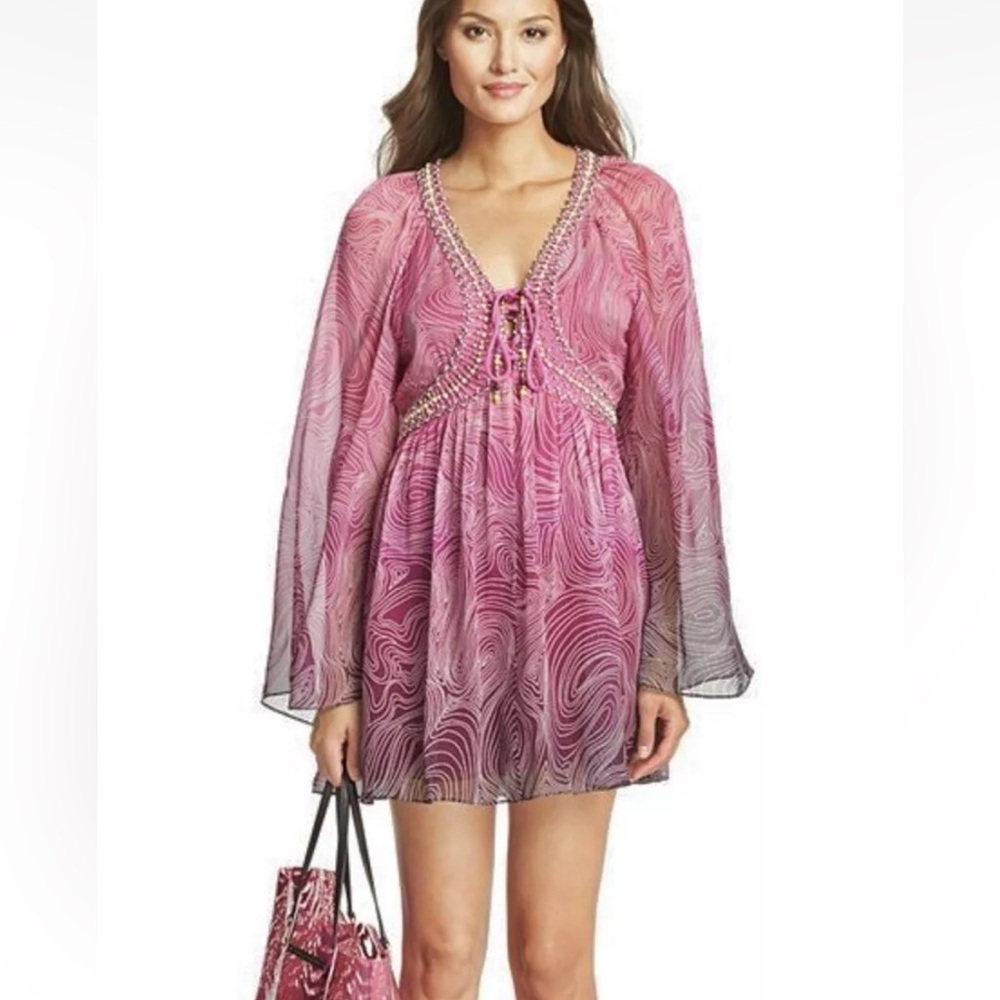 DVF Gwendolyn Lace-Up Beaded Chiffon Tunic Dress Size 12 $398